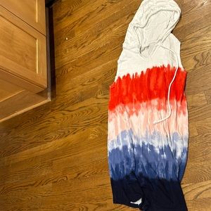 Hooded, red, white and blue tie-dye cover-up tank dress